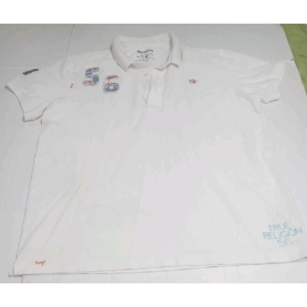 True Religion Vintage Y2K Polo Shirt Mens XXL White Buddha 56 World Tour Graphic